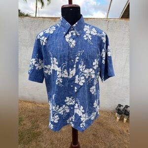 PreOwned Reyn Spooner Hawaiian Print Blue/White Full Button Men's Large